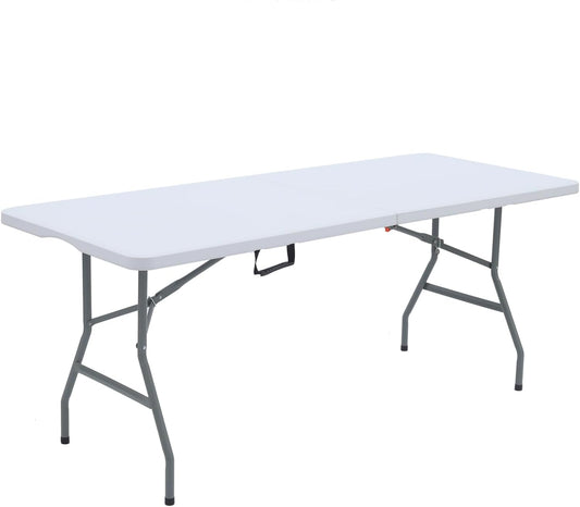 Folding Camping Table 150×70×75cm – Heavy Duty Plastic Outdoor Picnic Table, Portable Trestle Table with Handle – White