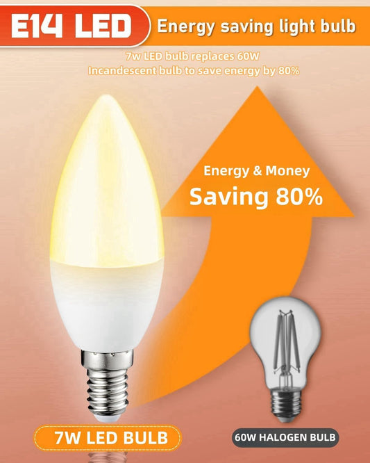 LED Candelabra Light Bulbs, Warm White 3000K, E14 Base, 7W Candle Light Bulbs, Non-Dimmable, 220V, 10 Pack