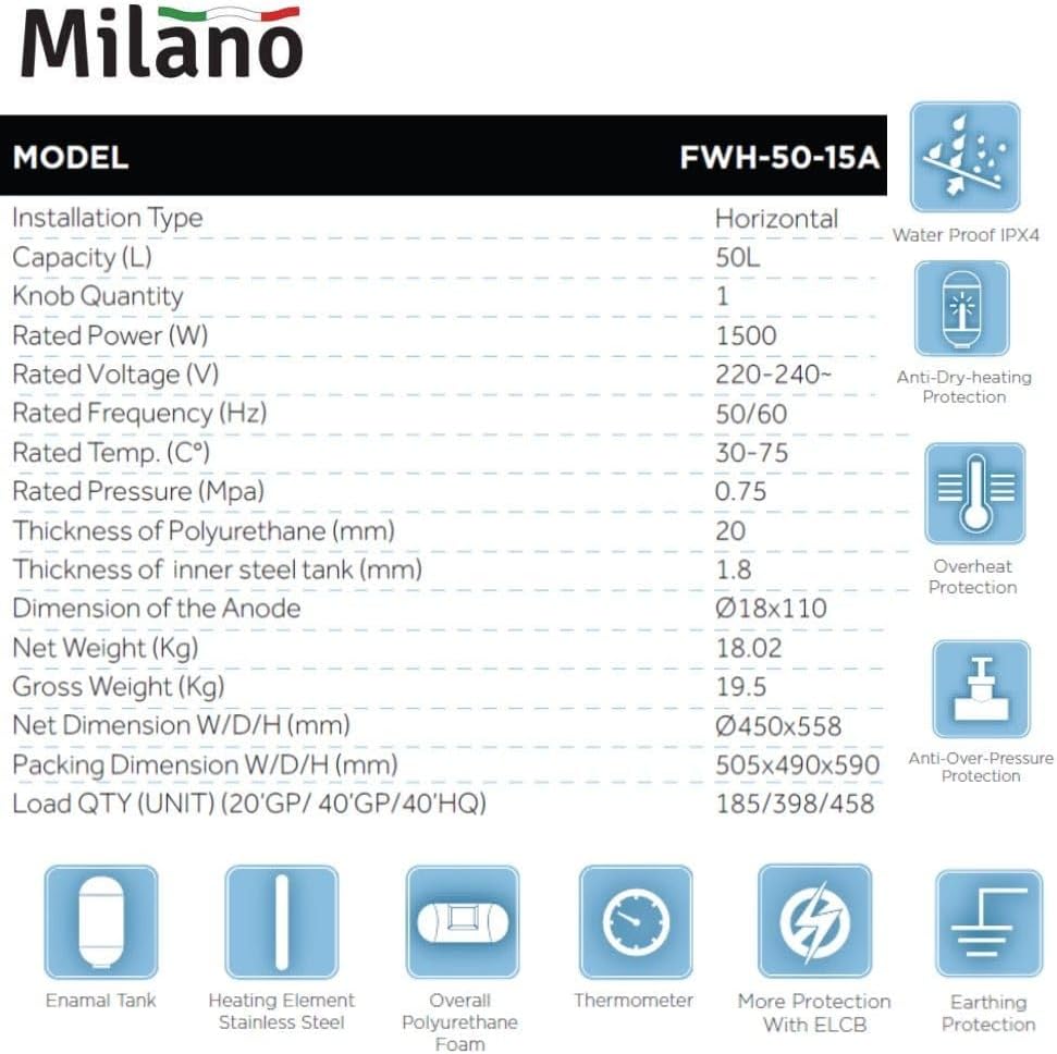 Milano Horizontal Electric Water Heater 50 L – Sleek Design & 7‑Year Warranty