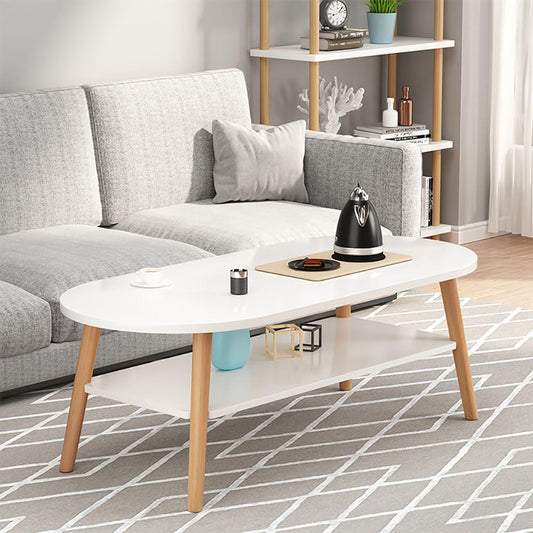 Modern Oval 2-Tier Coffee Table with Storage Shelf – Wooden Table with Solid Beech Legs for Living Room, Office or Bedroom – 120 x 60 x 42 cm