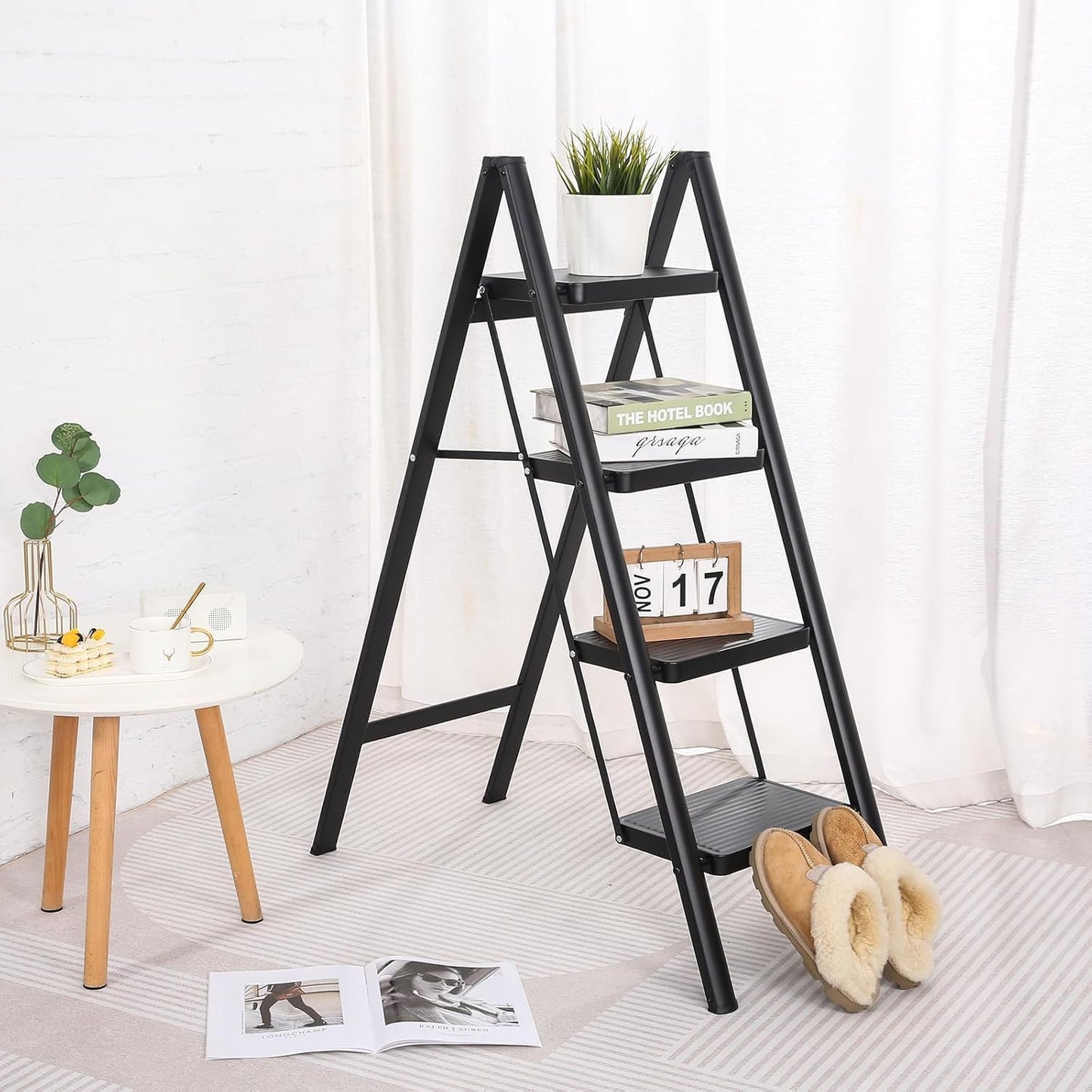 Fixer 4-Step Folding Ladder, Heavy Duty 150kg Capacity Steel Step Stool for Adults, Anti-Slip Pedals, Multi-Use Kitchen Step Ladder, Compact & Sturdy for Home, Closet, and More – Black