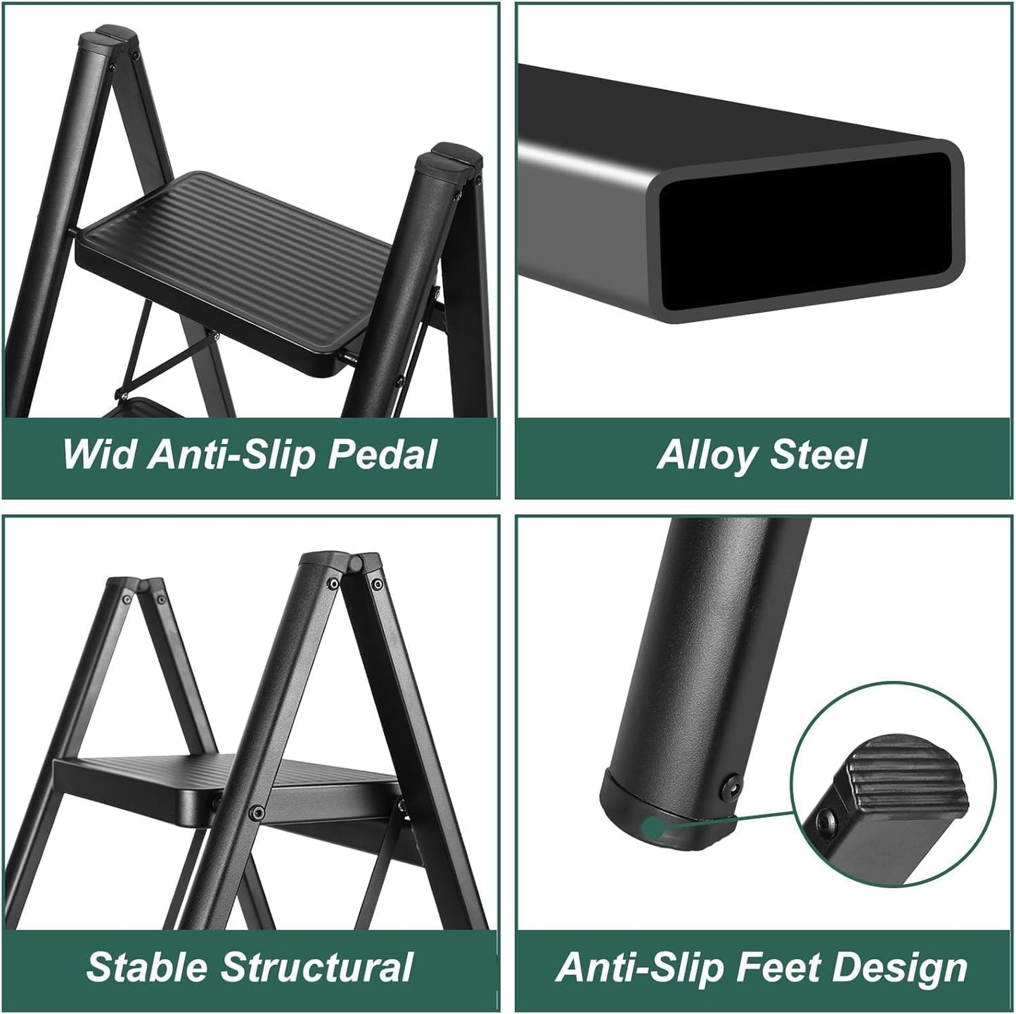 Fixer 4-Step Folding Ladder, Heavy Duty 150kg Capacity Steel Step Stool for Adults, Anti-Slip Pedals, Multi-Use Kitchen Step Ladder, Compact & Sturdy for Home, Closet, and More – Black