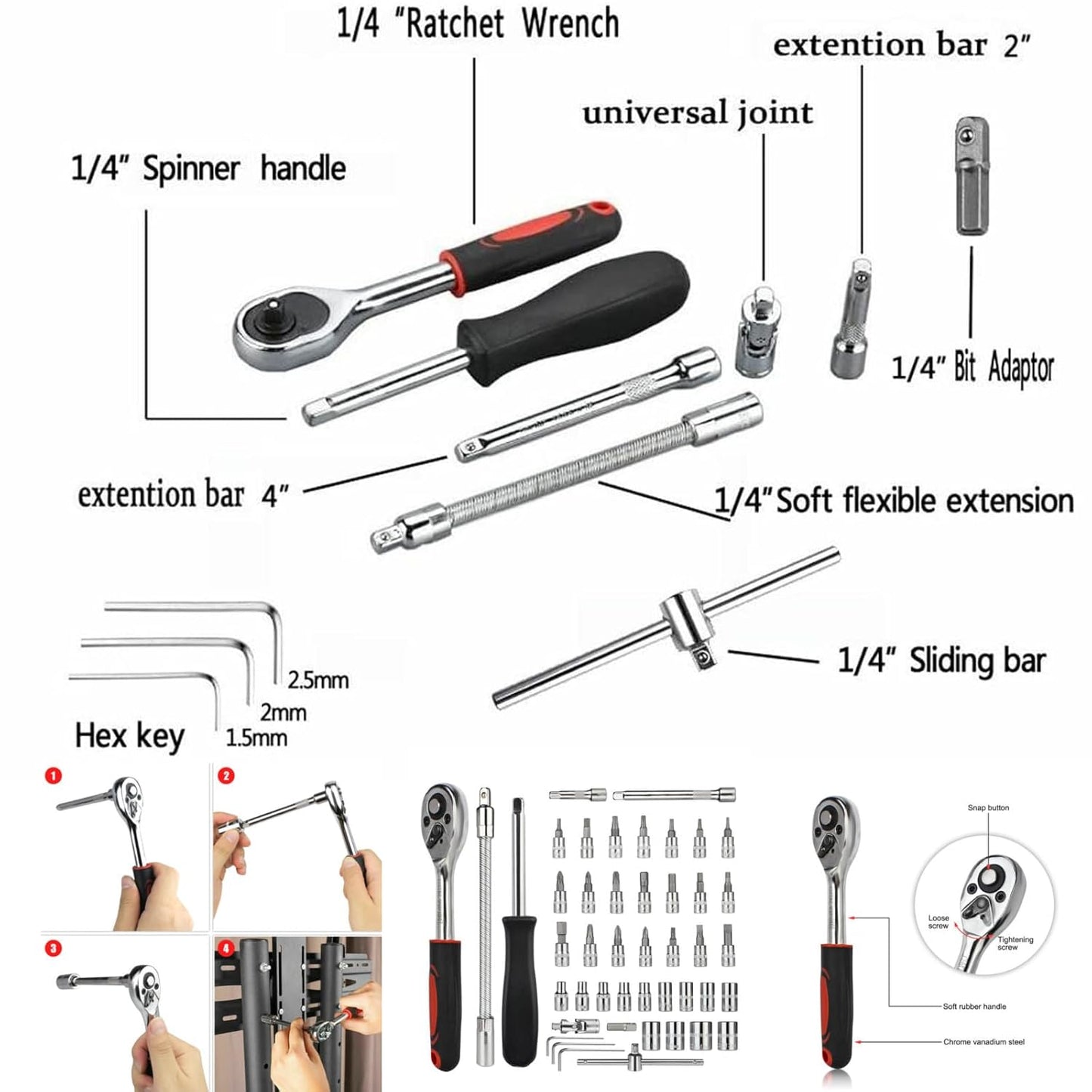 FIXER Wrench Socket Tool Bit Set HEX Bit Socket Set, Metric CrV Steel, Complete 46-Piece, 1/4-Inch Drive Ratchet Handle, Drive Extension Bar, Impact Universal Joint Enhanced Storage Case