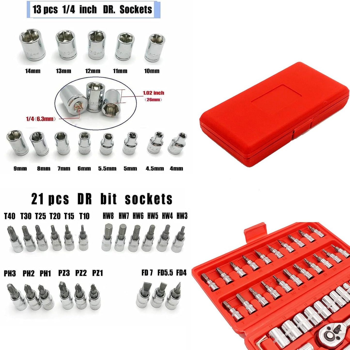 FIXER Wrench Socket Tool Bit Set HEX Bit Socket Set, Metric CrV Steel, Complete 46-Piece, 1/4-Inch Drive Ratchet Handle, Drive Extension Bar, Impact Universal Joint Enhanced Storage Case