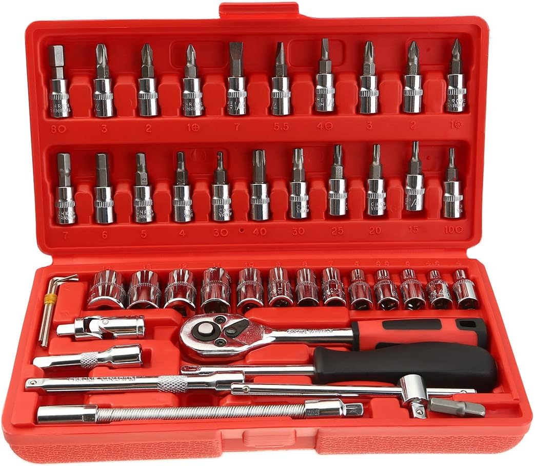 FIXER Wrench Socket Tool Bit Set HEX Bit Socket Set, Metric CrV Steel, Complete 46-Piece, 1/4-Inch Drive Ratchet Handle, Drive Extension Bar, Impact Universal Joint Enhanced Storage Case