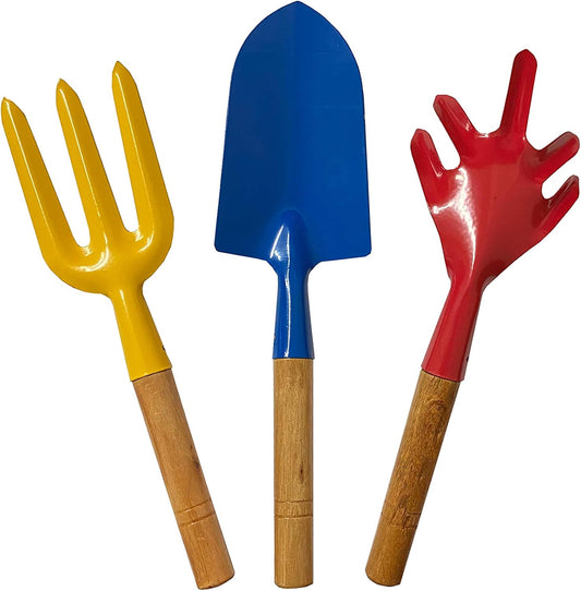 FIXER Gardening Tools Set for Digging & Planting Big Trowel, Garden Fork, Cultivator Wooden Handle (Combo of 3)