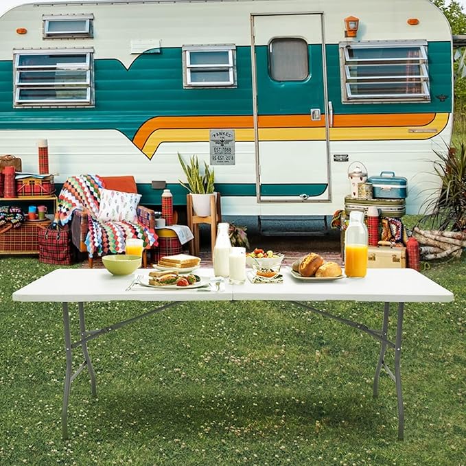 Folding Camping Table 150×70×75cm – Heavy Duty Plastic Outdoor Picnic Table, Portable Trestle Table with Handle – White