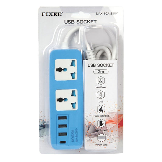 FIXER Socket Power Extension with 3 USB & C Type Ports and 2M Cable – Multi-Function Power Strip