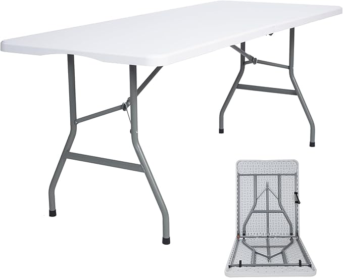 Folding Camping Table 150×70×75cm – Heavy Duty Plastic Outdoor Picnic Table, Portable Trestle Table with Handle – White