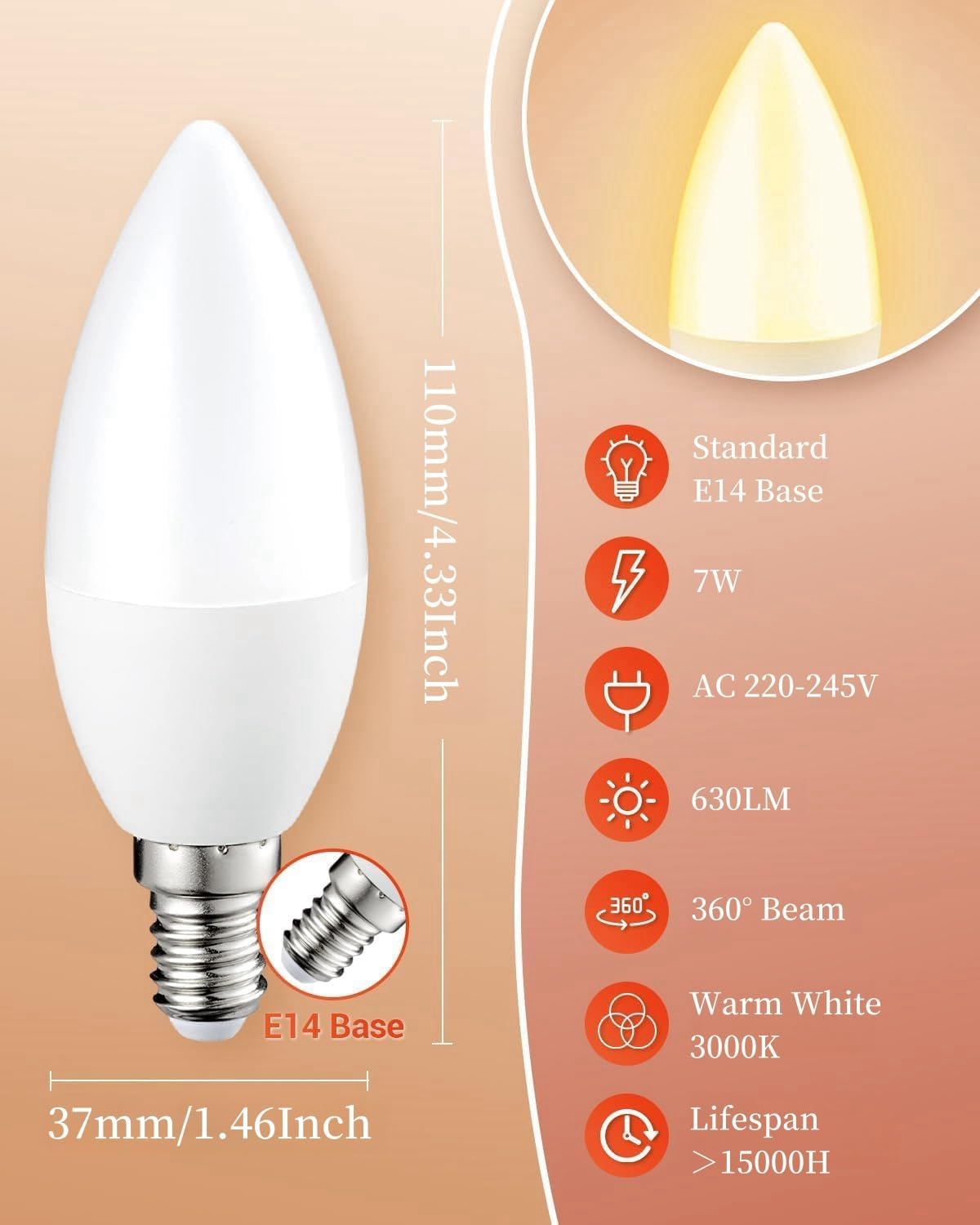 LED Candelabra Light Bulbs, Warm White 3000K, E14 Base, 7W Candle Light Bulbs, Non-Dimmable, 220V, 10 Pack
