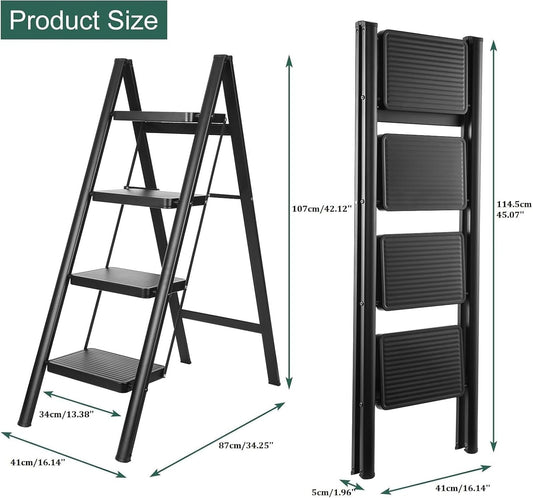 Fixer 4-Step Folding Ladder, 150kg Capacity Steel Step Stool for Adults, Anti-Slip Pedals, Multi-Use Compact & Sturdy for Home – Black