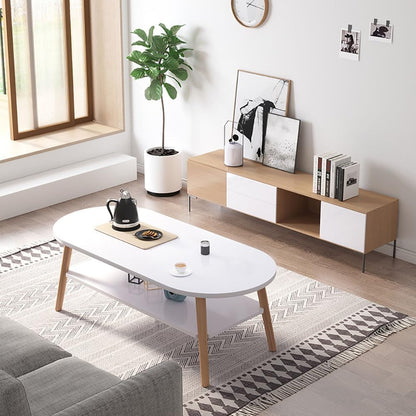 Modern Oval 2-Tier Coffee Table with Storage Shelf – Wooden Table with Solid Beech Legs for Living Room, Office or Bedroom – 120 x 60 x 42 cm