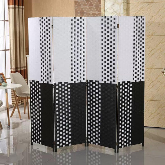 Fixer Foldable & Movable Hand-Woven Room Divider – 4 Panel Stretch Partition (200 × 180 cm) Black and White