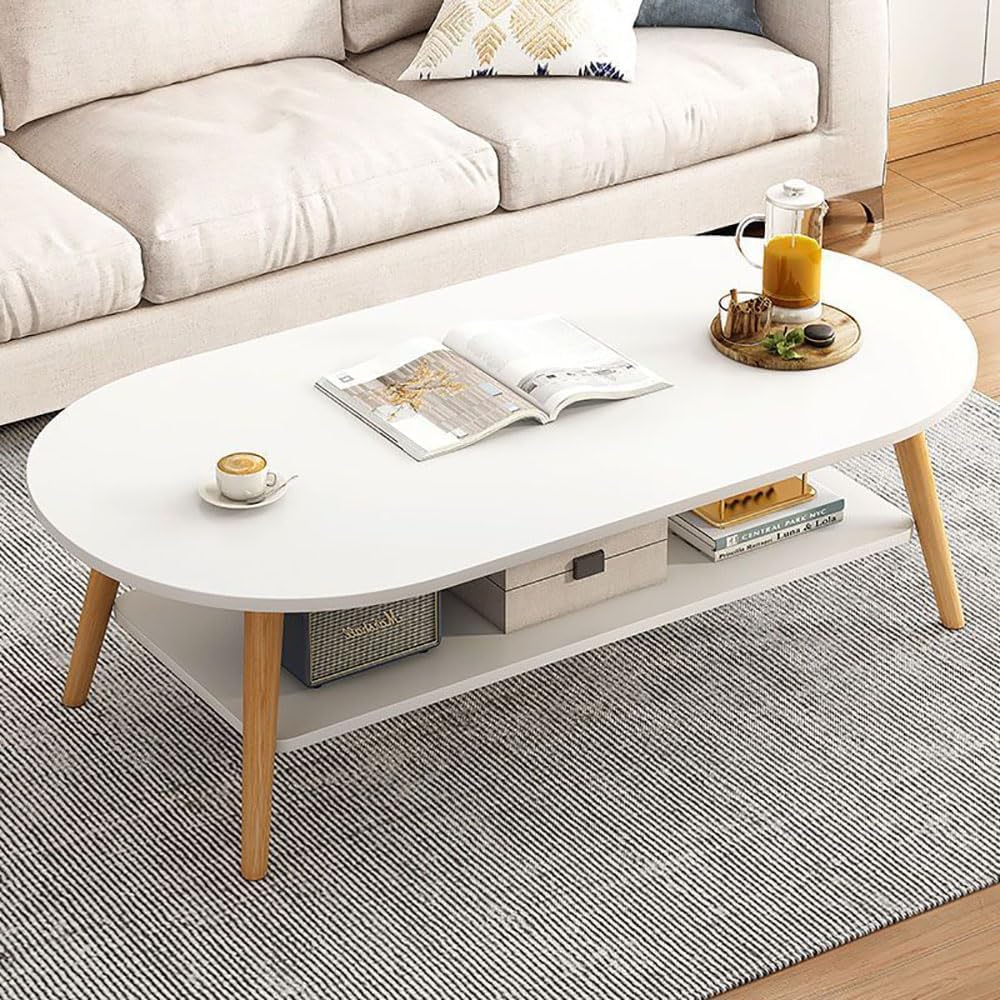 Modern Oval 2-Tier Coffee Table with Storage Shelf – Wooden Table with Solid Beech Legs for Living Room, Office or Bedroom – 120 x 60 x 42 cm