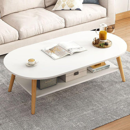 Modern Oval 2-Tier Coffee Table with Storage Shelf – Wooden Table with Solid Beech Legs for Living Room, Office or Bedroom – 120 x 60 x 42 cm