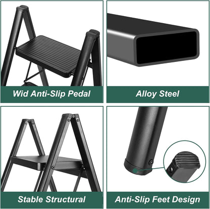 Fixer 4-Step Folding Ladder, Heavy Duty 150kg Capacity Steel Step Stool for Adults, Anti-Slip Pedals, Multi-Use Kitchen Step Ladder, Compact & Sturdy for Home, Closet, and More – Black