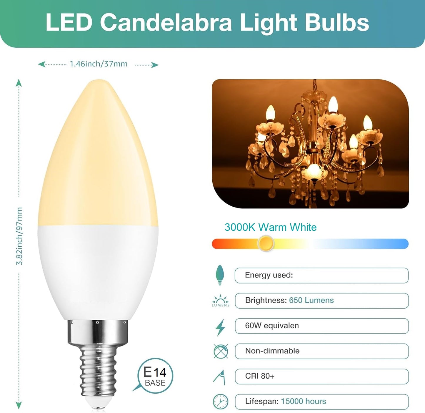 LED Candelabra Light Bulbs, Warm White 3000K, E14 Base, 7W Candle Light Bulbs, Non-Dimmable, 220V, 10 Pack