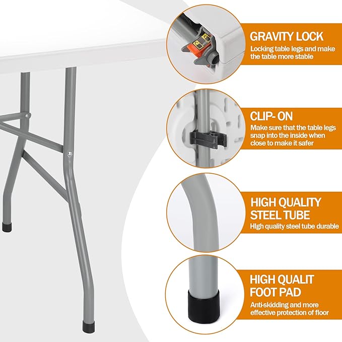Folding Camping Table 150×70×75cm – Heavy Duty Plastic Outdoor Picnic Table, Portable Trestle Table with Handle – White