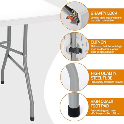 Folding Camping Table 150×70×75cm – Heavy Duty Plastic Outdoor Picnic Table, Portable Trestle Table with Handle – White