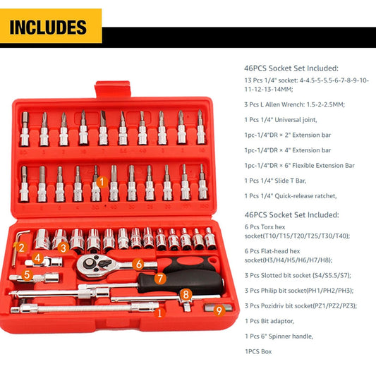 FIXER Wrench Socket Tool Bit Set HEX Bit Socket Set, Metric CrV Steel, Complete 46-Piece, 1/4-Inch Drive Ratchet Handle, Drive Extension Bar, Impact Universal Joint Enhanced Storage Case