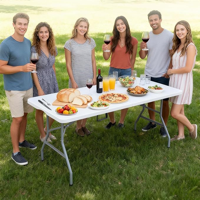 Folding Camping Table 150×70×75cm – Heavy Duty Plastic Outdoor Picnic Table, Portable Trestle Table with Handle – White