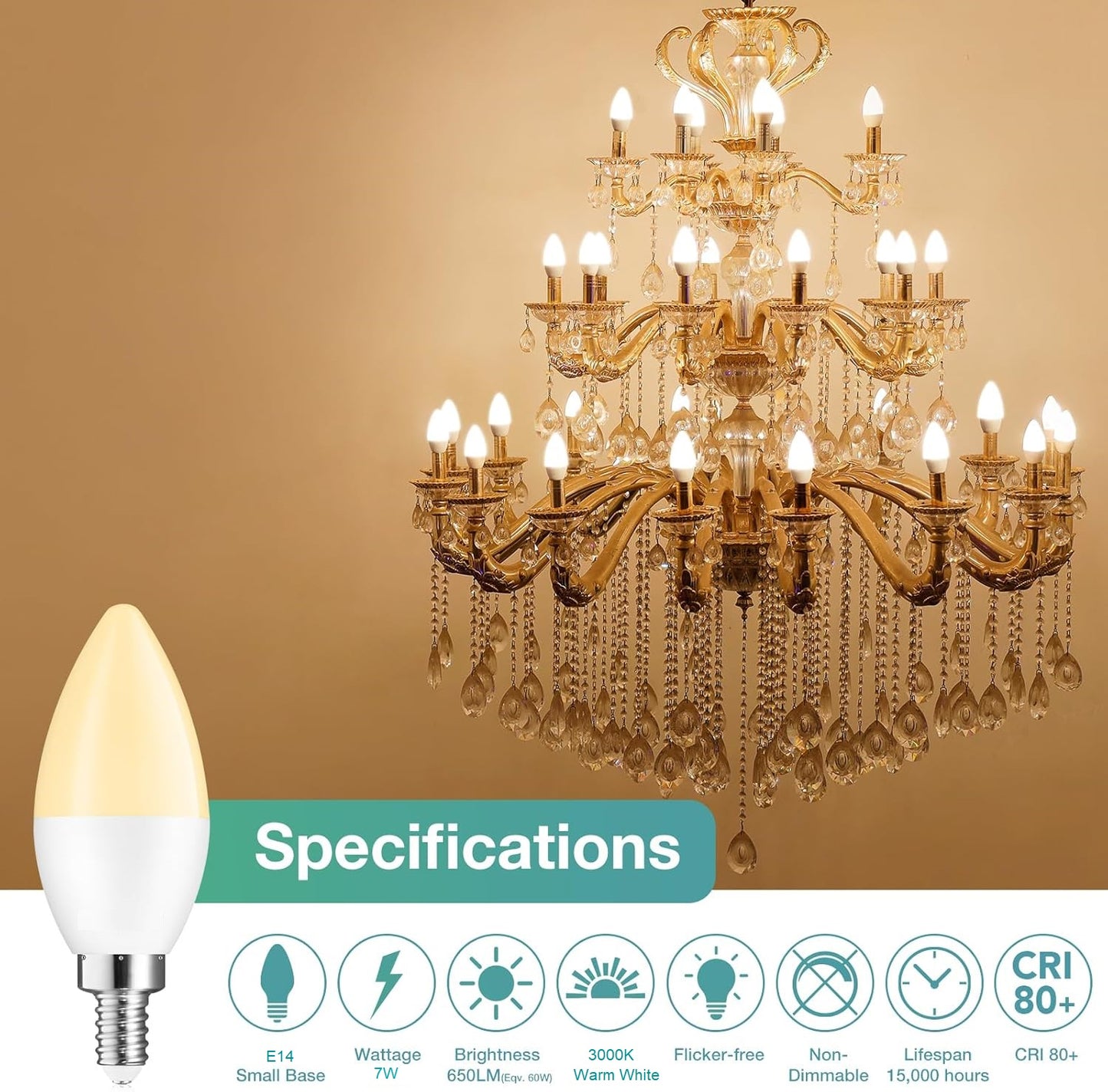 LED Candelabra Light Bulbs, Warm White 3000K, E14 Base, 7W Candle Light Bulbs, Non-Dimmable, 220V, 10 Pack