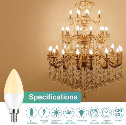 LED Candelabra Light Bulbs, Warm White 3000K, E14 Base, 7W Candle Light Bulbs, Non-Dimmable, 220V, 10 Pack