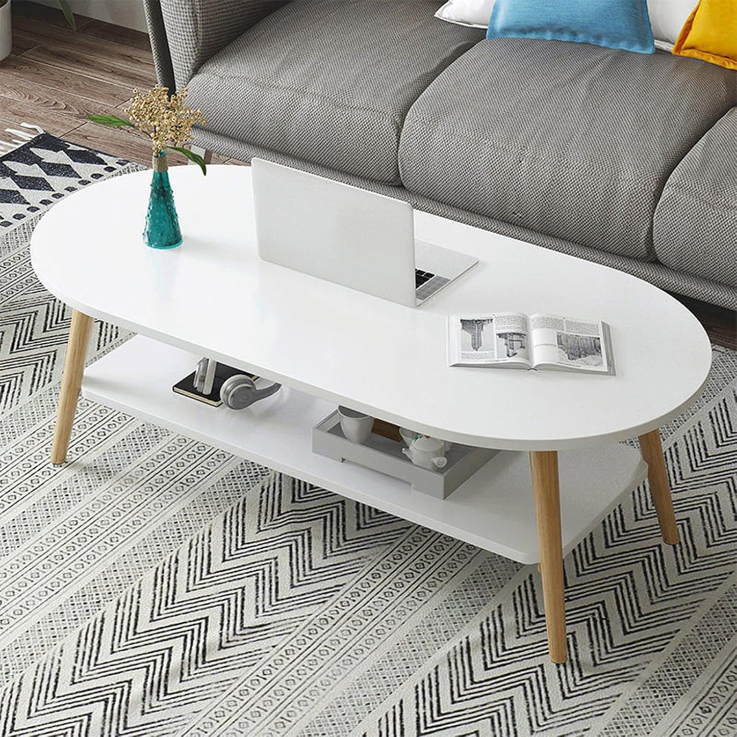 Modern Oval 2-Tier Coffee Table with Storage Shelf – Wooden Table with Solid Beech Legs for Living Room, Office or Bedroom – 120 x 60 x 42 cm