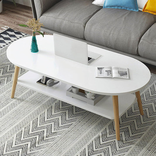 Modern Oval 2-Tier Coffee Table with Storage Shelf – Wooden Table with Solid Beech Legs for Living Room, Office or Bedroom – 120 x 60 x 42 cm