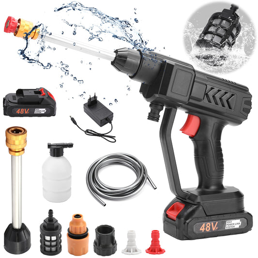 48V Cordless Portable Pressure Washer with 2 Batteries – High Power Car Wash Gun for Cars, Bikes, Floors & Gardens, 5m Hose, Black