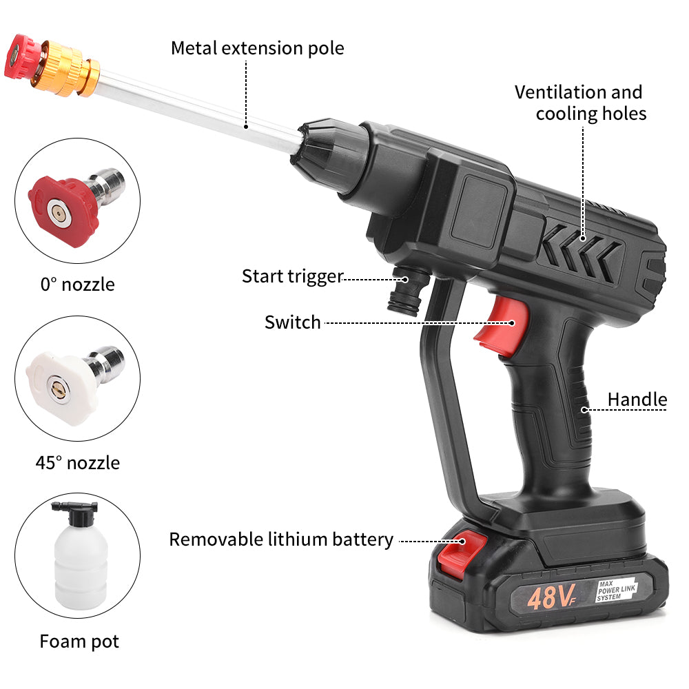48V Cordless Portable Pressure Washer with 2 Batteries – High Power Car Wash Gun for Cars, Bikes, Floors & Gardens, 5m Hose, Black