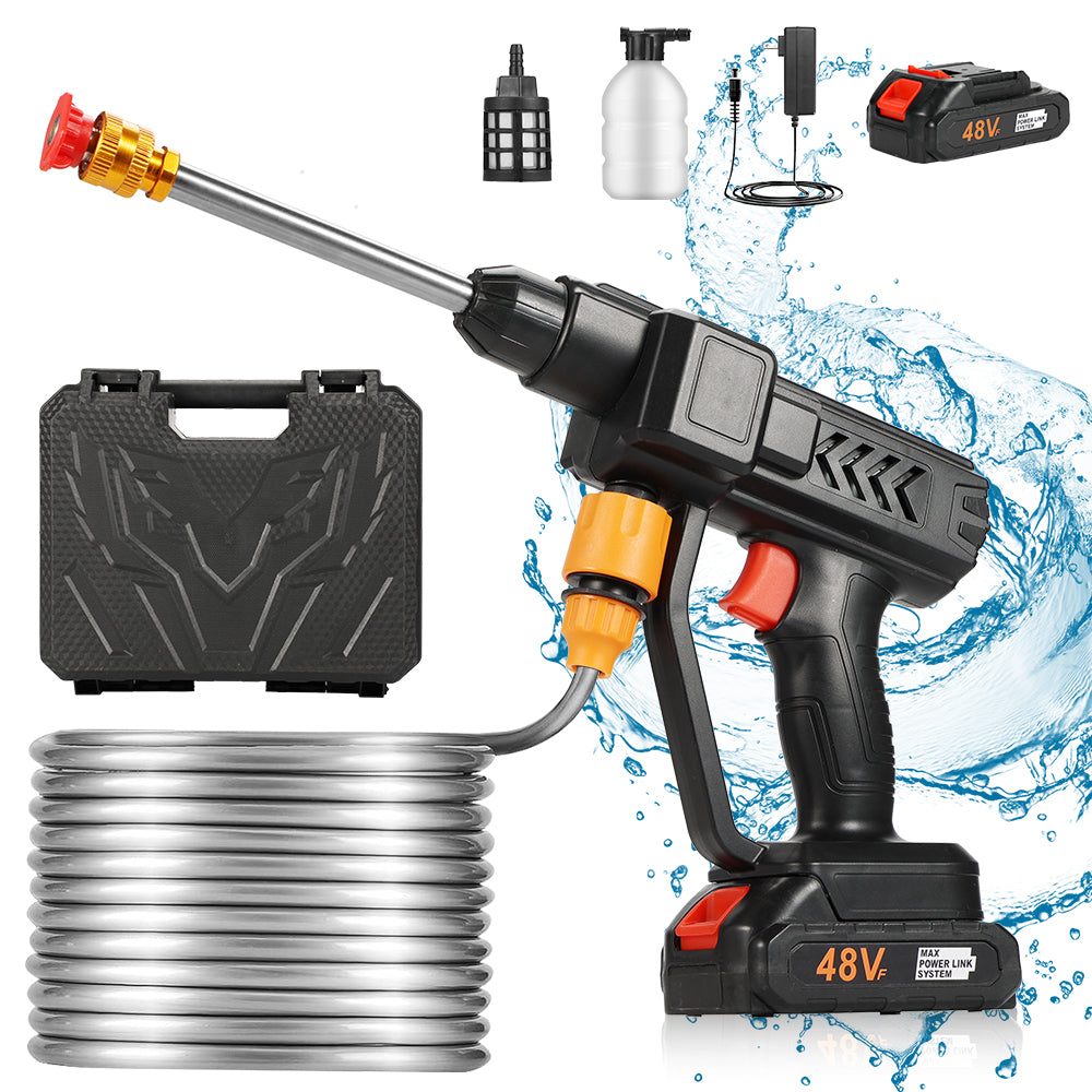 48V Cordless Portable Pressure Washer with 2 Batteries – High Power Car Wash Gun for Cars, Bikes, Floors & Gardens, 5m Hose, Black