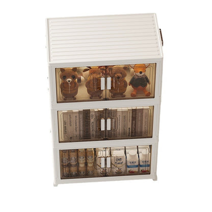 Plastic Storage Cabinet with Doors – 3-Tier Organizer Shelf Unit with Brown Doors & White Frame, Durable Plastic Utility Cabinet with Wheels